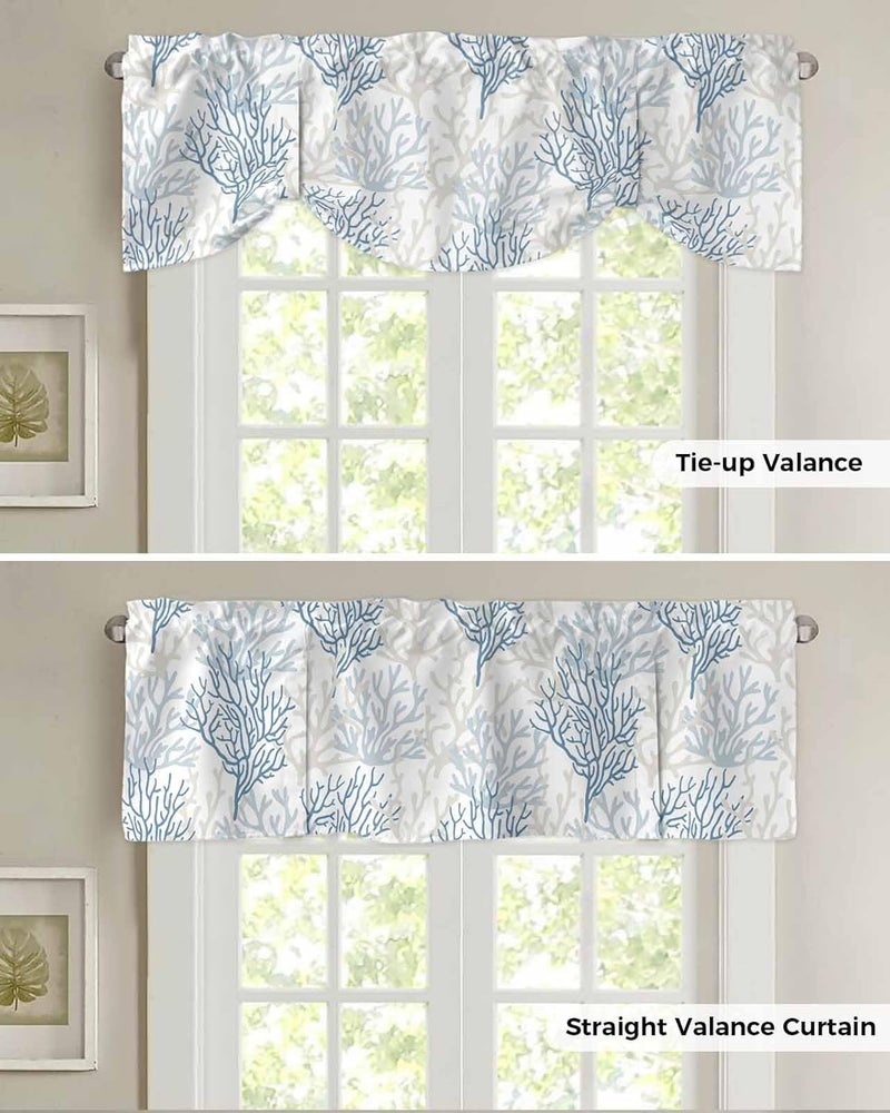 RisQiten Blue Grey Coral Coastal Tie Up Valance Curtains for Windows, Summer Beach Kitchen Curtains Window Treatments, Seaside Nautical Short Window Shades Valances for Bedroom Bathroom Cafe 54"x18" - Image 5